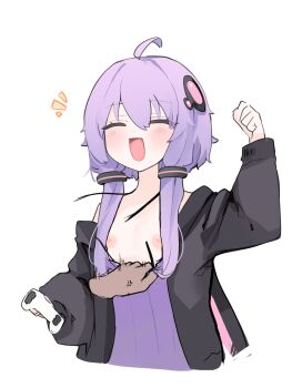 1girl ahoge anger_vein bare_shoulders black_hoodie closed_eyes clothes_pull controller flat_chest game_controller hair_between_eyes hair_ornament hand_up happy highres holding holding_controller holding_game_controller hood hoodie long_sleeves low_twintails mikozin nipples off_shoulder open_mouth pulling_another's_clothes purple_hair purple_shirt shirt shirt_pull simple_background twintails upper_body voiceroid white_background yuzuki_yukari