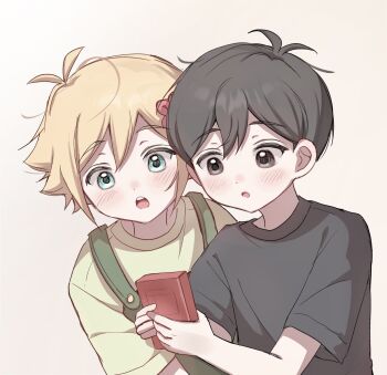 Rule 34 | 2boys, absurdres, aged down, alternate costume, antenna hair, basil (faraway) (omori), basil (omori), black eyes, black hair, black shirt, blonde hair, blue eyes, blush, brown background, double-parted bangs, flower, green overalls, green shirt, hair between eyes, hair flower, hair ornament, handheld game console, highres, holding, holding handheld game console, male focus, multiple boys, omori, open mouth, overalls, shirt, short hair, short sleeves, simple background, sunny (omori), t-shirt, tareme, teeth, upper teeth only, wktdms1