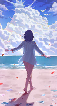 Rule 34 | 1girl, absurdres, afureru colors, bare legs, barefoot, beach, blood, blood on feet, blood on ground, borrowed clothes, chainsaw man, commentary, dress shirt, english commentary, facing away, falling petals, glass, highres, naked shirt, outdoors, petals, purple hair, reze (chainsaw man), sand, see-through silhouette, shirt, simple bird, solo, walking, white shirt