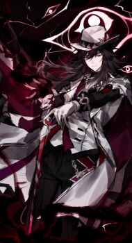 Rule 34 | 1boy, absurdres, ashveil (honkai: star rail), black hair, black pants, black shirt, cane, commentary, crescent, crescent pin, fedora, gloves, gradient hair, hat, hat ornament, highres, holding, holding cane, honkai: star rail, honkai (series), jacket, jewelry, lapel pin, long hair, long sleeves, male focus, multicolored hair, necklace, pants, purple eyes, shirt, single glove, solo, sparrow4193941, tooth necklace, turtleneck, white gloves, white hair, white hat, white jacket