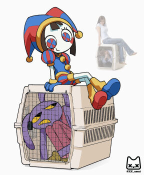 Rule 34 | 1boy, 1girl, animal ears, asymmetrical legwear, blue eyes, blue gloves, blue hat, blue shoes, blush, colored skin, colored teeth, crossed legs, full body, gloves, hashtag-only commentary, hat, highres, jax (the amazing digital circus), jester cap, jester costume, kennel (animal), looking at another, looking down, looking to the side, multicolored eyes, photo inset, pink suspenders, pomni (the amazing digital circus), puffy short sleeves, puffy sleeves, purple skin, rabbit boy, rabbit ears, red eyes, red hat, red shoes, shoes, short sleeves, simple background, sitting, smile, the amazing digital circus, twitter username, two-tone eyes, two-tone hat, white background, xx amni, yellow eyes, yellow gloves, yellow teeth