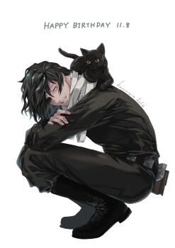 1boy aizawa_shota animal animal_on_back artist_name beard_stubble black_boots black_hair black_pants black_shirt boku_no_hero_academia boots cat eyepatch facial_hair full_body grey_scarf happy_birthday knm_snails male_focus mustache_stubble pants scar scar_on_face scarf shirt short_hair smile solo squatting stubble teeth