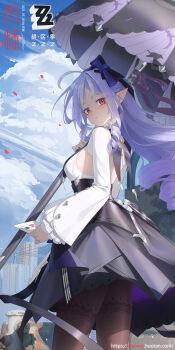 1girl artist_name black_pantyhose blush breasts closed_mouth cloud commentary_request copyright_name dated day dress fire_hydrant from_side highres holding holding_letter holding_umbrella large_breasts letter long_hair long_sleeves looking_at_viewer looking_to_the_side outdoors pantyhose pointy_ears purple_hair purple_umbrella rain_sama red_eyes solo umbrella very_long_hair vivian_banshee watermark web_address zenless_zone_zero