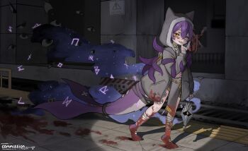 1boy absurdres animal_ears bandaged_foot bandages blood bloody_footprints child commentary disembodied_eye english_commentary extra_eyes extra_mouth finger_to_mouth fins fish_tail grin highres hood hooded_jacket jacket looking_at_viewer omurice_(roza4957) original purple_hair runes shushing smile solo spotlight sword sword_on_back tail tentacles walking weapon weapon_on_back yellow_eyes