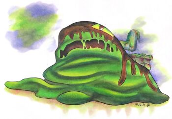 blob brown_eyes colored_sclera commentary_request dated full_body green_sclera kirby:_planet_robobot kirby_(series) miasmoros monster nintendo no_humans open_mouth slime_(substance) solo traditional_media yuya_(lightlous)