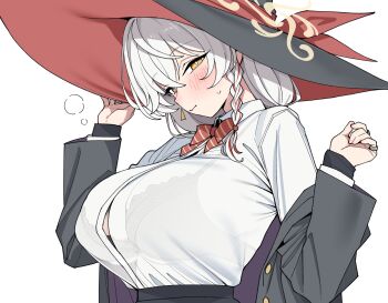 1girl black_bra black_hat black_jacket blue_archive blush bow bowtie bra bra_visible_through_clothes braid breasts bright_pupils closed_mouth collared_shirt commentary diagonal-striped_bow diagonal-striped_bowtie diagonal-striped_clothes dress_shirt eri_(blue_archive) grey_hair hair_between_eyes hand_on_headwear hands_up hat hat_ribbon highres jacket large_breasts long_hair long_sleeves looking_at_viewer open_clothes open_jacket red_bow red_bowtie red_ribbon ribbon romaji_commentary rong_hui school_uniform see-through_clothes see-through_shirt shirt shy simple_background single_braid solo striped_bow striped_bowtie striped_clothes sweatdrop tilted_halo unbuttoned_jacket underwear upper_body white_background white_pupils white_shirt witch_hat yellow_eyes