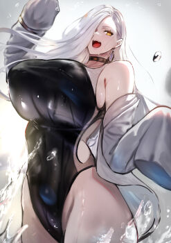 1girl absurdres bare_shoulders black_one-piece_swimsuit blush breasts commentary_request competition_swimsuit covered_navel earrings eyeliner fate/grand_order fate_(series) hair_over_one_eye highres hoop_earrings huge_breasts jewelry jikihatiman long_hair long_sleeves looking_at_viewer makeup mrs._snake_(fate) one-piece_swimsuit open_mouth revision solo swimsuit temporal_hairline white_hair yellow_eyes