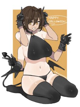1girl artist_name black_gloves black_thighhighs breasts brown_hair commentary_request demon_tail extra_arms full_body gloves grin hair_intakes happy_halloween highres holding_own_tail horns_pose juusakai_erugo large_breasts looking_at_viewer low_wings navel orange_background original seiza simple_background sitting smile solo stomach tail tan tanline thighhighs twitter_username two-tone_background white_background wings yellow_eyes
