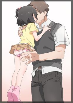 1boy 1girl age_difference ass_grab black_hair brown_hair dorontabi from_behind hetero idolmaster idolmaster_million_live! kiss loli nakatani_iku older_male_and_younger_female panties short_hair size_difference skirt standing underwear