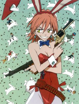 amarao asymmetrical_dual_wielding blue_bow blue_hoodie bow breasts canti dual_wielding father_and_son flcl gun haruhara_haruko highres holding holding_gun holding_weapon hood hoodie kitsurubami manabe_gaku masamune_masashi medium_breasts nandaba_kamon nandaba_naota ninamori_eri official_art pink_hair playboy_bunny rabbit robot samejima_mamimi short_hair skirt smile sunglasses teeth weapon