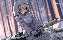 Rule 34 | 1girl, absurdres, blue eyes, closed mouth, coat, commentary, drawstring, dutch angle, english commentary, forest, frown, girls und panzer, gloves, highres, hood, hood up, hooded coat, long sleeves, looking to the side, military vehicle, motor vehicle, nature, pollertry, short hair, snow, solo, tank, tank cupola, white coat, white gloves, white hair, winter, youko (girls und panzer)