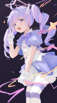1girl absurdres black_background blue_archive bow bowtie dress eiyuo gloves hair_ornament halo highres looking_at_viewer magical_girl open_mouth pink_halo purple_bow purple_dress purple_eyes purple_hair reisa_(blue_archive) reisa_(magical)_(blue_archive) solo star_(symbol) star_hair_ornament striped_clothes striped_thighhighs thighhighs twintails two-tone_dress v white_dress white_gloves