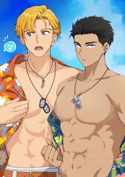 2boys abs ao_isami bare_pectorals black_hair blonde_hair blue_eyes commentary_request dog_tags highres large_pectorals lewis_smith male_focus multiple_boys muscular muscular_male no_nipples official_alternate_costume open_clothes open_mouth open_shirt pectorals print_shirt shirt short_hair sky tobitori watermark yuuki_bakuhatsu_bang_bravern