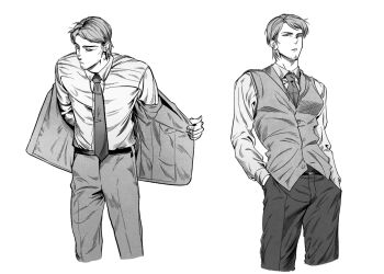 1boy beard_stubble belt collared_shirt commentary_request cropped_legs facial_hair hands_in_pockets highres jacket jean_kirstein korean_commentary long_sleeves looking_at_viewer male_focus multiple_views necktie o0_n0_aot_921 pants shingeki_no_kyojin shirt short_hair simple_background stubble suit_jacket white_background white_shirt