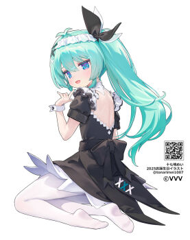 1girl 2025 ainy antenna_hair aqua_hair back_cutout black_ribbon character_name clothing_cutout commentary_request dress fang frilled_dress frills hair_between_eyes hair_ornament hand_up indie_virtual_youtuber jitome light_blush looking_at_viewer maid maid_headdress pantyhose qr_code ribbon side_ponytail sidelocks simple_background sitting solo symbol-shaped_pupils tonari_mei virtual_youtuber white_background white_pantyhose wrist_cuffs x-shaped_pupils x_hair_ornament yokozuwari