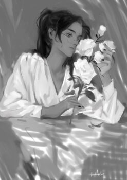 1girl absurdres baggy_clothes black_hair black_nails character_request fingernails flower glasses hange_zoe haru_(achun1022) highres holding holding_flower looking_at_flowers monochrome nail_polish original reflection reflective_table shingeki_no_kyojin shirt signature table upper_body white_flower white_shirt