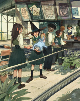 3boys 3girls apron artist_logo black_apron black_hair black_pants bottle brown_hair brown_shoes cafe cashier cat closed_mouth counter dark_skin day food ghost green_skirt green_vest hat highres holding holding_tray indoors jar logo long_hair long_sleeves multiple_boys multiple_girls open_mouth original pants plant potted_plant queue runes school_uniform shirt shoes short_hair simz skirt slice_of_life smile standing sweatdrop tile_floor tiles tray vest water_bottle white_shirt window witch_hat