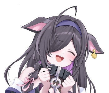 1girl ahoge animal_ears bare_shoulders belt_collar black_collar black_hair blush braid cleavage_cutout clenched_hands closed_eyes clothing_cutout collar colored_inner_hair cow_ears cow_girl detached_sleeves ear_tag hair_over_one_eye hairband hands_up highres long_hair mole mole_under_eye multicolored_hair nijisanji one_eye_covered open_mouth parted_bangs pink_ribbon piyopiyomaru_(piyo8823) portrait purple_eyes purple_hair purple_hairband ribbon side_braid sidelocks simple_background single_braid smile solo virtual_youtuber white_background yagyu_shino