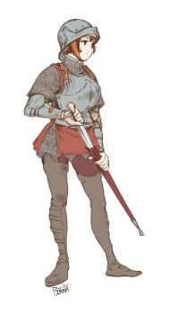 Rule 34 | 1girl, armor, artist name, boots, breastplate, brown boots, chainmail, highres, looking to the side, original, pirata (gailtonatiu), red hair, sallet, sheath, short hair, solo, sword, thigh boots, unsheathing, vambraces, weapon, white background