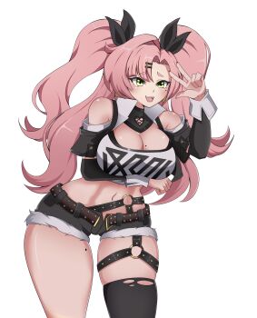 1girl 2024 absurdres arm_at_side arm_under_breasts bangboo_(zenless_zone_zero) belt black_jacket black_ribbon black_shorts black_sleeves black_thighhighs blush breasts character_doll cleavage clothes_writing clothing_cutout commentary contrapposto cowboy_shot cropped_jacket cutoffs destinoorpg detached_sleeves doll earrings english_commentary eyebrows_hidden_by_hair female_focus hair_ornament hair_ribbon hairclip hairdressing happy heart heart_earrings heart_necklace highres jacket jewelry large_breasts leaning_forward long_hair looking_at_viewer micro_shorts midriff mole mole_on_breast mole_on_thigh mole_under_eye navel necklace nicole_demara o-ring o-ring_thigh_strap open_mouth pink_hair pointy_ears popped_collar purple_eyes ribbon shiny_skin shorts shoulder_cutout simple_background skindentation solo swept_bangs thick_thighs thigh_strap thighhighs thighs tube_top twintails white_background white_tube_top yellow_nails zenless_zone_zero