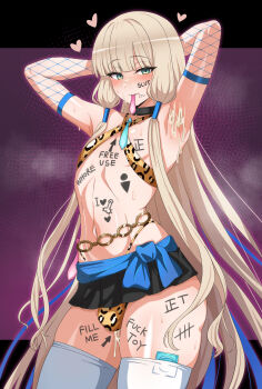 1boy absurdres animal_print armpits arms_up blonde_hair blue_ribbon body_writing bulge collar commentary_request condom condom_in_mouth condom_wrapper cowboy_shot crossdressing crossdressing_(mtf) cum cum_on_armpits cum_on_body fate/grand_order fate_(series) fishnets green_eyes heart highres leopard_print long_hair looking_at_viewer male_focus men's_toilet_symbol mouth_hold noah_(fate) noah_(third_ascension)_(fate) parted_lips ribbon sidelocks skirt solo spoken_heart standing stray_pubic_hair sweat tally thighhighs trap very_long_hair white_thighhighs zanegoodell