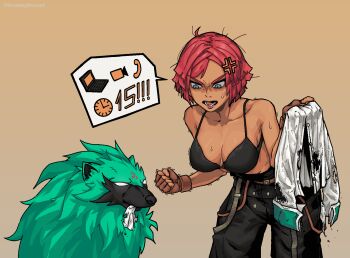 1girl 1other anger_vein angry arc_system_works arrow_(symbol) black_bra black_pants blue_eyes bra breasts brown_gloves chewing cleavage clenched_hand dark-skinned_female dark_skin fingerless_gloves giovanna_(guilty_gear) gloves green_fur guilty_gear guilty_gear_strive highres illenn large_breasts looking_at_another pants recycling_symbol red_hair rei_(guilty_gear) shirt short_hair speech_bubble spoken_symbol suspenders_hanging sweat torn_clothes torn_shirt trembling underwear wolf