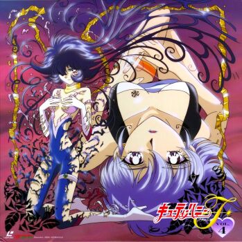 Rule 34 | blue hair, bodysuit, breast tattoo, breasts, choker, cleavage, convenient censoring, cutie honey, cutie honey flash, dark persona, dual persona, gloves, heart, henshin, hhzuki seira, high heels, highres, jewel, jewelry, kneeling, large breasts, leg belt, leg up, lips, lipstick, long hair, looking at viewer, makeup, medium breasts, misty honey, nagai gou, official art, one eye covered, purple eyes, purple hair, red eyes, ring, short hair, tattoo, breast tattoo, thigh strap, torn clothes