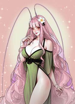 1girl antenna_hair arthropod_girl bare_hips breasts claws cockroach_girl dress facial_mark fif_228 flower green_dress hair_flower hair_ornament highres indie_virtual_youtuber large_breasts long_hair matara_kan monster_girl pink_hair smile thighs virtual_youtuber wavy_hair wide_hips yellow_eyes