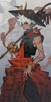 1boy ajirogasa animal animal_on_head animal_on_shoulder bangle bead_bracelet beads bird bird_on_head bird_on_shoulder black_nails black_pants bracelet brown_horns closed_mouth cowboy_shot eurasian_tree_sparrow fangs fingernails grey_eyes hair_between_eyes hand_on_own_thigh hat highres holding holding_staff horns horns_through_headwear jewelry legs_apart male_focus messy_hair now_drawing o-ring on_head oni original pants pointy_hair polearm red_bag red_pupils red_sash sash shakujou sharp_fingernails shirt short_hair sideways_glance signature single_horn skin_fangs sleeveless sleeveless_shirt solo sparrow staff standing tan toned toned_male turtleneck v-shaped_eyebrows waist_cape weapon white_hair
