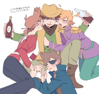 4boys ahoge alcohol animification apron beer blue_eyes blush boots bottle brown_eyes brown_hair coat commentary_request cowboy cowboy_boots cowboy_western detached_ahoge edd_(eddsworld) eddsworld edward_gold_(eddsworld) epaulettes eyepatch facial_hair hat holding holding_bottle low_ponytail male_focus male_harem matt_(eddsworld) mjsc_10 multiple_boys mustache official_alternate_costume open_mouth orange_hair ponytail prince_matthew_(eddsworld) purple_coat purple_eyes short_hair short_ponytail sitting spiked_hair thompson_(eddsworld) todd_(eddsworld) tom_(eddsworld) tord_(eddsworld) translation_request western white_background yaoi