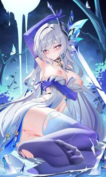 1girl absurdres anus arm_under_breasts armpits ass blush breasts censored chinese_commentary closed_mouth commentary_request dress feet genshin_impact gradient_thighhighs highres holding holding_sword holding_weapon jndfh large_breasts large_variant_set long_hair looking_at_viewer mosaic_censoring navel night night_sky nipples no_prosthetic_leg no_shoes parted_lips prosthesis prosthetic_arm purple_thighhighs pussy sitting skirk_(genshin_impact) sky solo stomach sword thighhighs variant_set weapon white_dress white_hair yokozuwari