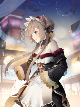 1girl bare_shoulders black_dress blue_eyes bonnet breasts brown_hair cleavage commentary_request detached_sleeves dress genshin_impact gloves half_gloves highres komesiwo_syumi long_sleeves outdoors parted_lips sandrone_(genshin_impact) solo white_bonnet white_gloves