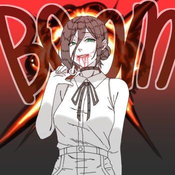 1girl absurdres blood blood_from_mouth breasts chainsaw_man choker collared_shirt explosion explosion_background green_eyes grenade_pin hair_between_eyes hair_bun highres large_breasts neck_ribbon park_ppaeng_i partially_colored reze_(chainsaw_man) ribbon shirt shirt_tucked_in sleeveless sleeveless_shirt solo
