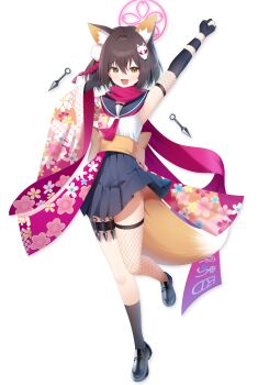 1girl :d absurdres animal_ear_fluff animal_ears arm_up armpits asymmetrical_legwear back_bow black_gloves black_sailor_collar black_shoes black_skirt black_socks blue_archive bow breasts brown_hair chcc331899 chinese_commentary clenched_hand colored_inner_animal_ears commentary_request fang fishnet_thighhighs fishnets floral_print floral_print_kimono fox_ears fox_girl fox_mask fox_tail full_body gloves hair_between_eyes hair_ornament halo hand_up highres holster izuna_(blue_archive) japanese_clothes kimono kneehighs kunai loafers long_sleeves looking_at_viewer making-of_available mask mask_on_head miniskirt neckerchief open_mouth partially_fingerless_gloves pink_halo pink_kimono pink_neckerchief pink_scarf pleated_skirt pom_pom_(clothes) pom_pom_hair_ornament print_kimono sailor_collar sailor_shirt sash scarf school_uniform serafuku shirt shoes short_hair simple_background single_kneehigh single_sock single_thighhigh skin_fang skirt sleeveless sleeveless_shirt small_breasts smile socks solo standing standing_on_one_leg tail tassel tassel_hair_ornament thigh_holster thighhighs uneven_legwear weapon white_background white_shirt wide_sleeves yellow_bow yellow_eyes