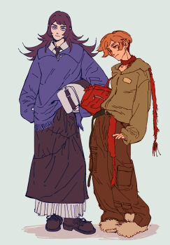 1boy 1girl abaddon_(haunted_hotel) aged_up aqua_background baggy_pants blue_eyes brown_eyes brown_hair brown_pants brown_skirt cargo_pants commentary english_commentary esther_freeling green_jacket haunted_hotel highres jacket long_hair looking_at_viewer muomuu_0 orange_hair pants short_hair simple_background skirt standing undercut