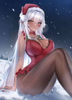 Rule 34 | 1girl, astra starm, breasts, closed mouth, commission, dark-skinned female, dark skin, earrings, fur-trimmed headwear, fur trim, hat, highres, indie virtual youtuber, jewelry, large breasts, leotard, long hair, nahomie (vtuber), night, pantyhose, pom pom (clothes), red leotard, red nails, santa hat, sitting, snow, snowing, virtual youtuber, white hair, yellow eyes