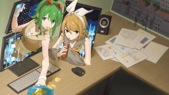 2girls arm_support bag bare_arms blonde_hair blue_eyes blurry blurry_background bow bow_hairband can chips_(food) commentary computer_keyboard computer_mouse desk detached_sleeves drink drinking drinking_straw drinking_straw_in_mouth eating food food_in_mouth food_theft green_eyes green_hair grey_sailor_collar grey_sleeves gumi hair_bow hairband highres holding holding_can holding_drink indoors jacket kagamine_rin monitor mouth_hold multiple_girls neckerchief orange_jacket orange_skirt paper plant potato_chips potted_plant sailor_collar short_hair_with_long_locks sidelocks sideways_glance skirt sleeveless sleeveless_jacket speaker through_medium through_screen upper_body vertical_monitor vocaloid white_bow wireless wireless_mouse wounds404 wrist_cuffs yellow_neckerchief