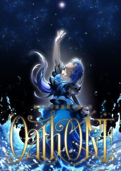 1girl absurdres arm_up blue_dress blue_hair brown_eyes company_name copyright_name copyright_notice dress earrings floating_hair from_side glowing head_back highres idolmaster idolmaster_(classic) jewelry kisaragi_chihaya long_hair looking_up official_art solo space standing translation_request water