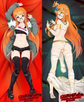 10s 1girl ancient_egyptian_clothes armlet ass bad_id bad_twitter_id bed_sheet black_thighhighs boots breasts brown_eyes caution_tape coat dakimakura_(medium) from_above fur_trim glasses hair_spread_out hairband jewelry lace-up_boots long_hair looking_at_viewer lying medium_breasts multiple_views navel off_shoulder on_back orange_hair parted_lips pelvic_curtain persona persona_5 sakura_futaba shadow_(persona) shorts slugbox small_breasts spoilers sports_bra text_focus thighhighs twitter_username watermark yellow_eyes