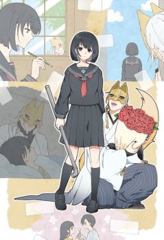 1boy 1girl black_hair black_serafuku black_shoes black_skirt black_socks bouquet flower fox_mask fox_mask_(silent_hill) highres holding holding_bouquet holding_lead_pipe japanese_clothes lead_pipe mask multiple_views neckerchief pleated_skirt red_flower red_neckerchief red_rose rose school_uniform serafuku shimizu_hinako shoes silent_hill_(series) silent_hill_f skirt socks t_akiko white_hair window