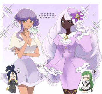 &gt;_&lt; 4girls apron ascot black_hair black_jacket black_romper black_track_suit bow bowtie braid braided_ponytail breasts brown_eyes brown_hair cleavage clenched_hands closed_mouth cross_scar dark-skinned_female dark_skin dendra_(pokemon) dress earrings eyelashes fascinator fishnet_pantyhose fishnets frilled_ascot frills glove_bow gloves green_hair hair_ornament highres jacinthe_(pokemon) jacket jewelry juliet_sleeves lebanne_(pokemon) long_hair long_sleeves looking_at_viewer low_drills maid maid_apron maid_headdress medium_breasts mega_stone multiple_girls nintendo ohn_pkmn open_mouth pants pantyhose pokemon pokemon_legends:_z-a pokemon_sv ponytail puffy_sleeves purple_dress purple_eyes purple_hair romper scar scar_on_face scar_on_forehead seiza sidelocks sitting skirt smile thighhighs track_suit tulip_(pokemon) turtleneck turtleneck_jacket very_dark_skin white_bow white_bowtie white_gloves white_thighhighs yellow_gloves