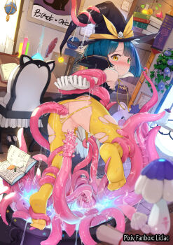 1girl arms_behind_back artist_name blue_hair blush book cauldron censored chair gloves hat heterochromia highres imminent_penetration imminent_rape indoors liclac loli mosaic_censoring no_panties no_shoes original pantyhose potion pussy restrained saliva star_(symbol) tears tentacles torn_clothes torn_legwear white_gloves witch_hat yellow_pantyhose