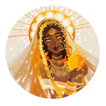 1girl artist_name bead_necklace beads black_hair bracelet breasts cleavage commentary dark-skinned_female dark_skin face_piercing facial_mark forehead_mark jewelry large_breasts lips necklace nose_piercing nose_ring off_shoulder orange_eyes original piercing ring round_image solo teardrop_facial_mark upper_body veil very_dark_skin vicki_tsai