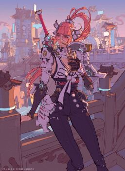 2024 against_railing architecture arm_at_side arm_support armor artist_name black_pants black_sash black_trim blue_eyes blunt_bangs breasts bridge bubble_tea city cloud commentary copyright_notice cup cyberpunk cyborg dated day disposable_coffee_cup disposable_cup drinking drinking_straw drinking_straw_in_mouth east_asian_architecture emblem english_commentary eyes_visible_through_eyewear feet_out_of_frame floating_clothes hair_ornament hand_up high_ponytail highres hip_armor holding holding_cup japanese_armor leaning long_hair looking_to_the_side mechanical_arms mechanical_collar medium_breasts mountainous_horizon orange-tinted_eyewear orange_hair orange_lips orange_rope original outdoors pants pom_pom_(clothes) ponytail railing redesign ribbon river rope rope_around_waist round_eyewear samurai sash science_fiction shoulder_armor sideboob sidelocks sky stairs standing steampunk sword sword_on_back taiwan tank_top tinted_eyewear turning_head waist_ribbon water weapon weapon_on_back white_ribbon white_tank_top yin_yang yu_cheng_hong zipper