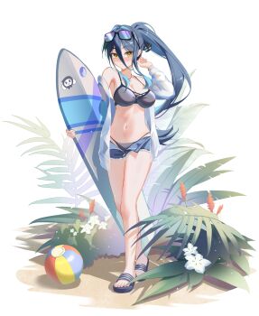 Rule 34 | absurdres, adjusting hair, aqua hair, bare shoulders, bikini, black bikini, black hair, black sandals, blue shorts, blush, breasts, cleavage, closed mouth, commentary request, eyewear on head, full body, gangzi (vtuber), hair between eyes, hand up, highres, holding, holding surfboard, hyin, korean commentary, large breasts, legs, long hair, long sidelocks, looking at viewer, micro shorts, navel, off shoulder, open clothes, open shirt, open shorts, ponytail, sandals, shirt, shorts, sidelocks, simple background, standing, stellive, stomach, sunglasses, surfboard, swimsuit, white background, white shirt