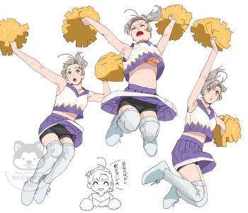 1girl alternate_costume alternate_hairstyle antenna_hair armpits bike_shorts bike_shorts_under_skirt black_shorts breasts cheerleader crop_top full_body green_eyes grey_hair highres holding holding_pom_poms jumping kantai_collection kinugasa_(kancolle) kinugasa_kai_ni_(kancolle) medium_breasts multiple_views ojipon pom_pom_(cheerleading) pom_poms ponytail shirt shorts shorts_under_skirt simple_background sleeveless sleeveless_shirt socks upper_body v-neck watermark white_background white_socks