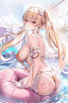 1girl absurdres ass blonde_hair blush breasts butt_crack fenny_golden grin hair_ornament highres large_breasts long_hair looking_at_viewer lrrer orange_eyes outdoors pool sideboob slap_mark smile snowbreak:_containment_zone solo spanked swimsuit twintails veins veiny_breasts