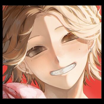 1boy :d absurdres aegyo_sal black_border border brown_eyes brown_hair close-up curtained_hair daisuke_(mouthwashing) earrings grin half-closed_eyes hawaiian_shirt highres hoop_earrings jewelry katsumira looking_at_viewer male_focus mouthwashing open_mouth portrait shirt short_hair sidelighting smile solo