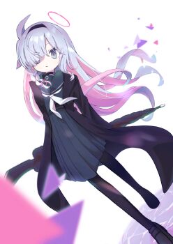 1girl absurdres black_jacket black_pantyhose black_sailor_collar black_serafuku black_shirt black_shoes blue_archive blurry braid closed_umbrella colored_inner_hair commentary_request depth_of_field dutch_angle halo highres jacket long_hair multicolored_hair neckerchief open_clothes open_jacket pantyhose pink_hair pink_halo plana_(blue_archive) sailor_collar school_uniform serafuku shirt shoes solo streaked_hair suwasui triangle umbrella white_hair white_neckerchief