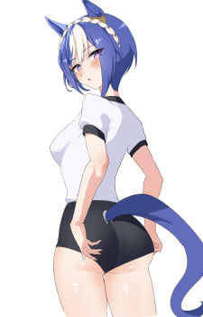 1girl absurdres alternate_costume animal_ears anok7456 ass blue_hair blush braid breasts buruma cesario_(umamusume) commentary_request highres horse_ears horse_tail looking_at_viewer medium_breasts medium_hair open_mouth purple_eyes simple_background solo tail umamusume white_background